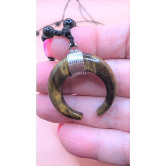 Beautiful Tiger Eye Moon Pendant on Black Obsidian Beaded Necklace - Picture 2 of 5